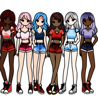 a group of girls wearing crop tops and shorts