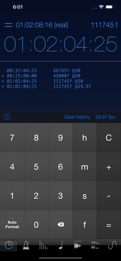 MusicMath - MusicMath timecode calculator screen displaying time and frame calculations
