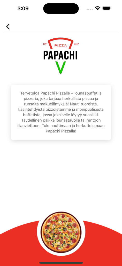 Papachi Pizzeria - Papachi Pizzeria mobile app welcome screen featuring the company logo and a fresh pizza