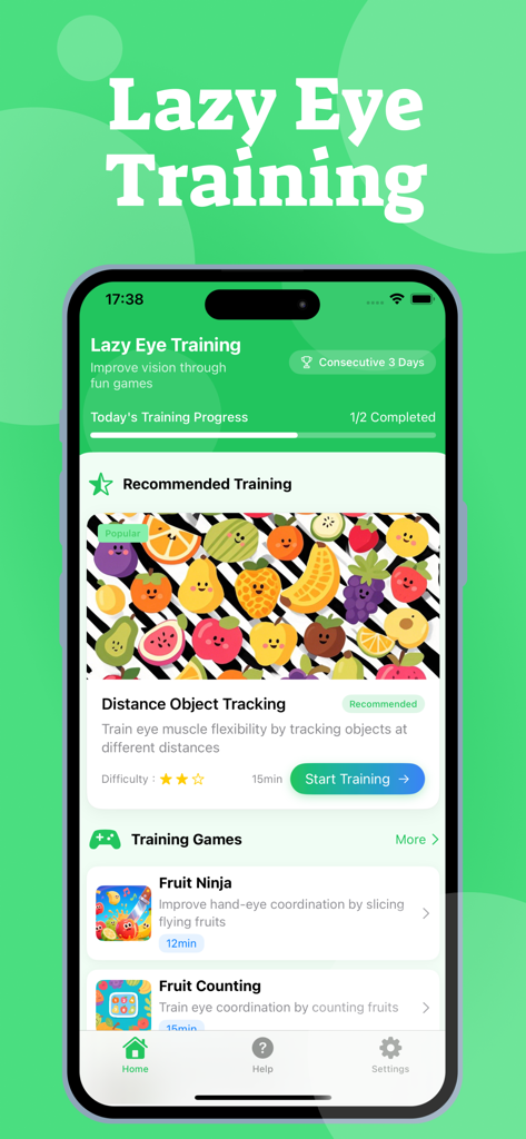 Lazy Eye & Amblyopia Exercise - Home screen of the Lazy Eye Training app showing daily progress tracking and recommended vision exercises like distance object tracking.
