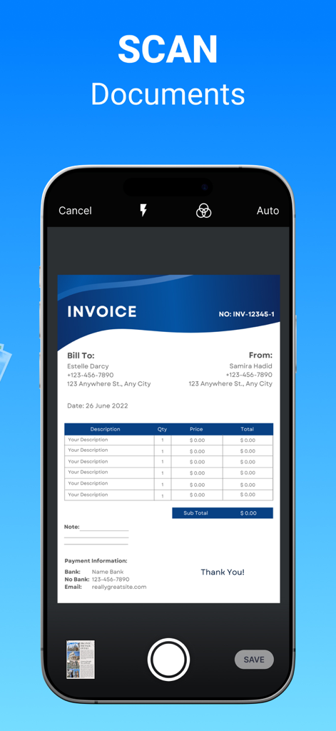 Printer App: Smart Print App - Una pantalla de smartphone que muestra la función de escaneo de documentos de la Printer App con una factura siendo capturada.