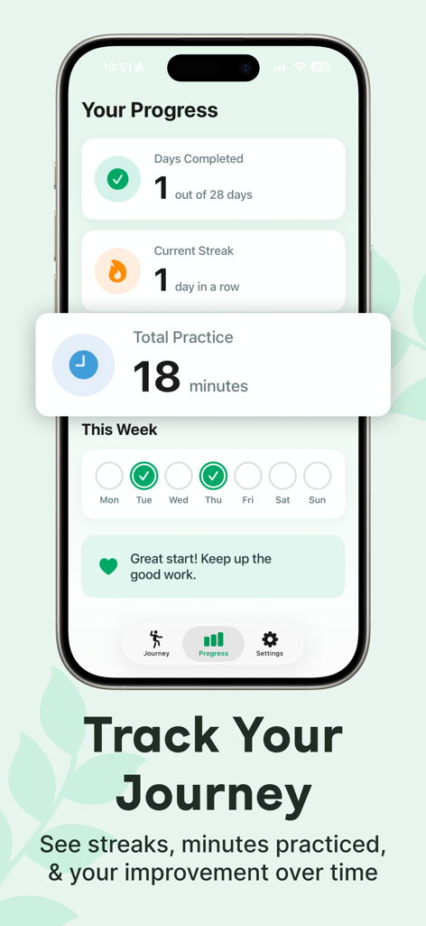 Tai Chi Workout for Seniors - Captura de pantalla de la aplicación Tai Chi Workout for Seniors que muestra el progreso diario, la racha actual y los minutos totales de práctica.