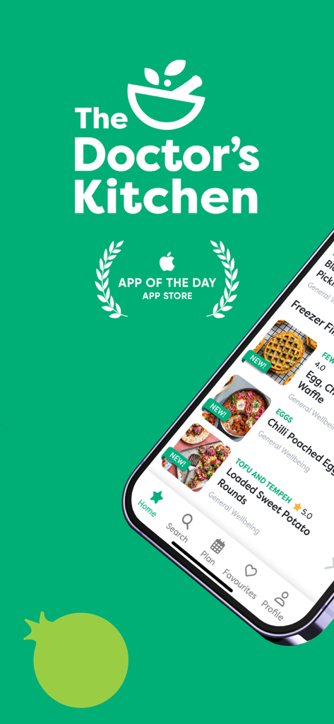 Der Startbildschirm der mobilen App The Doctors Kitchen, der Rezepte und die Auszeichnung App des Tages zeigt