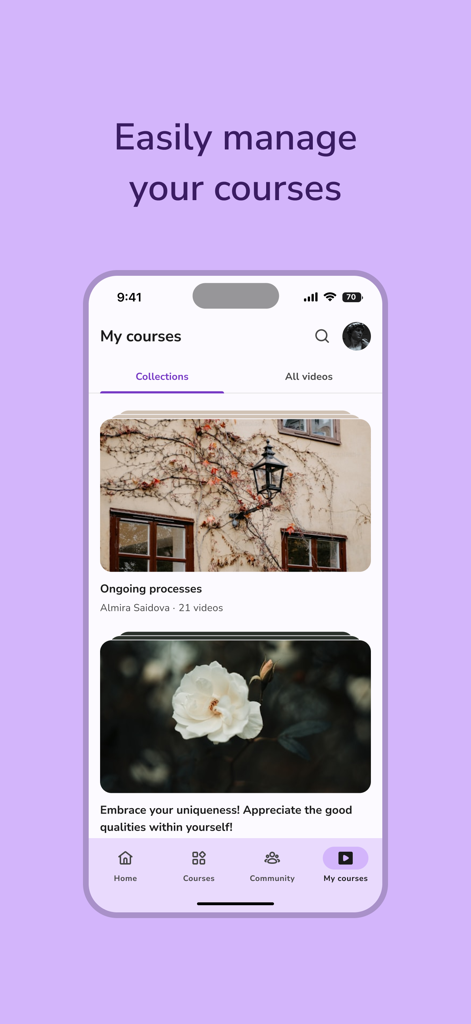 Amoria - Interfaz de la aplicación educativa Amoria que muestra la sección Mis Cursos con colecciones de video