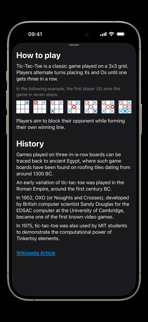 Screenshot of the app showing instructions on how to play and a historical overview of Tic Tac Toe