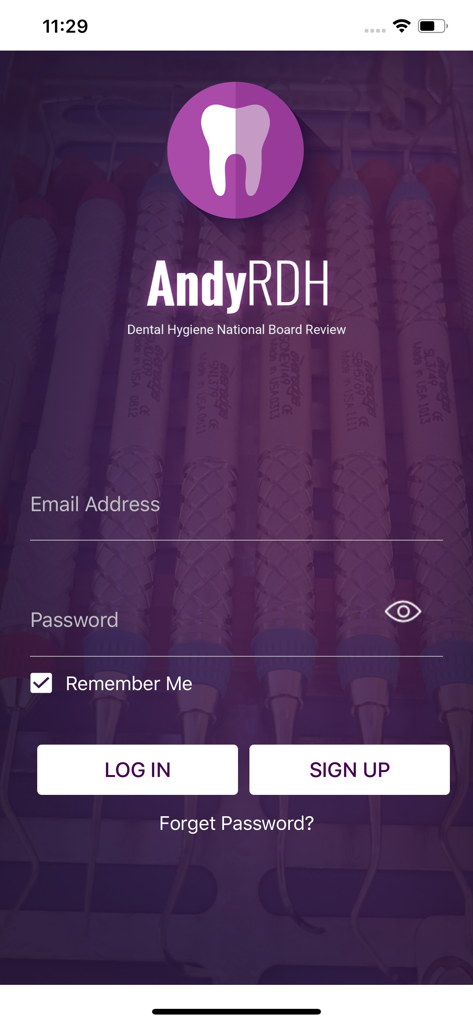 AndyRDH Board Review for NBDHE - Login screen of AndyRDH Dental Hygiene National Board Review app featuring email and password entry fields