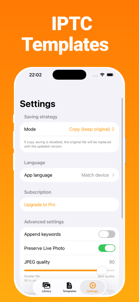 Settings screen of the EXIF Metadata Editor app showing IPTC template options and photo saving strategies