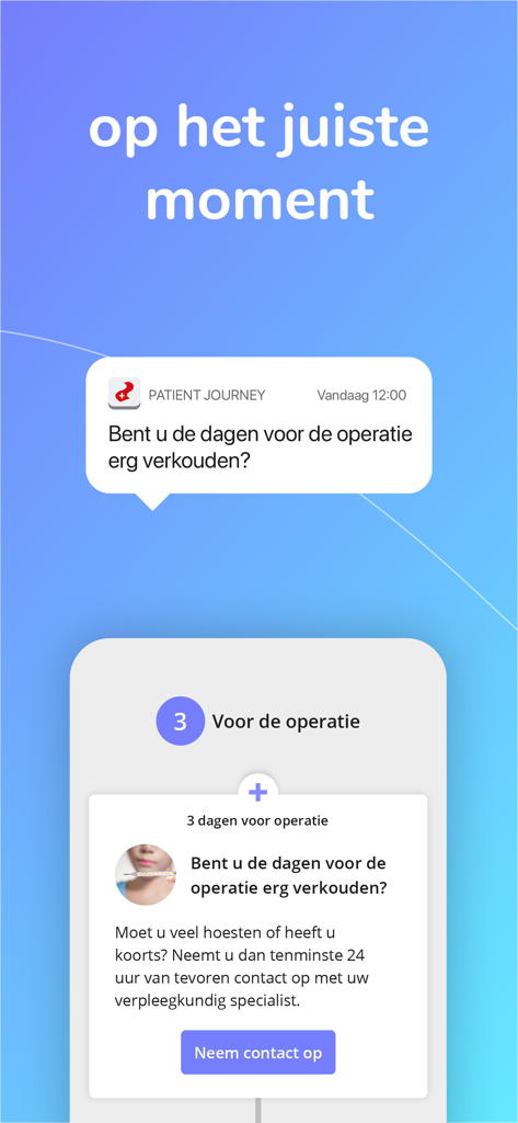 Interface de l'application Parcours Patient affichant une notification de bilan de santé pré-opératoire et une chronologie de préparation.