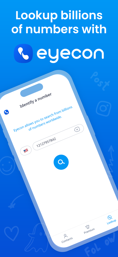 Eyecon app interface for searching and identifying unknown phone numbers