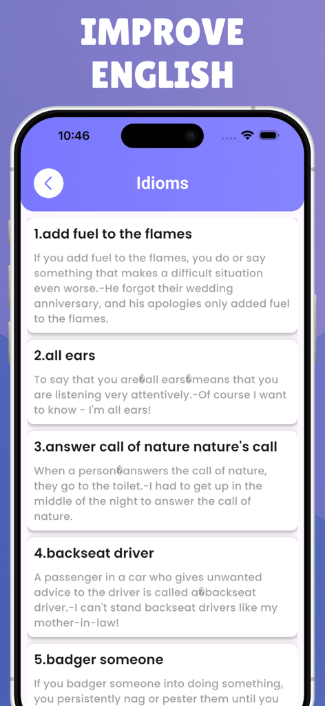 English Speaking Quick Course - Pantalla de una aplicación móvil que muestra una lista de modismos en inglés con definiciones y oraciones de ejemplo para mejorar el vocabulario y la fluidez.