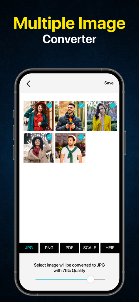 JPG PNG Image Photo Converter - Mobile app interface for batch converting multiple images into JPG PNG or PDF formats