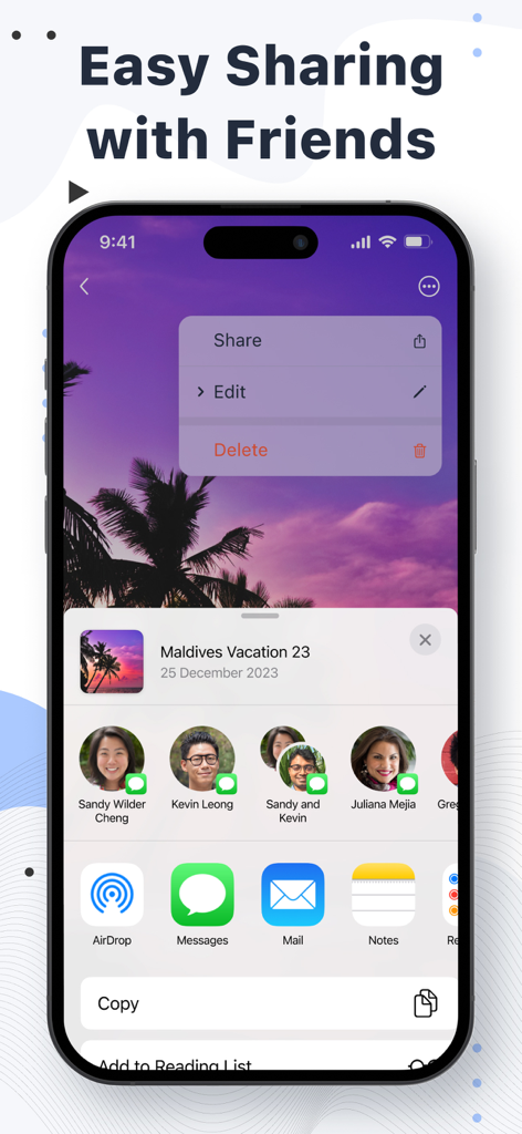 Event Countdown – Day Counter - Interfaz de la app Event Countdown que muestra el menú para compartir un evento de vacaciones en Maldivas con amigos