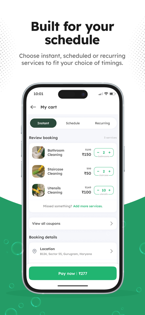 Pronto: House Help in 10 Mins - Smartphone screen showing the Pronto app cart with options for instant, scheduled, or recurring house cleaning services.