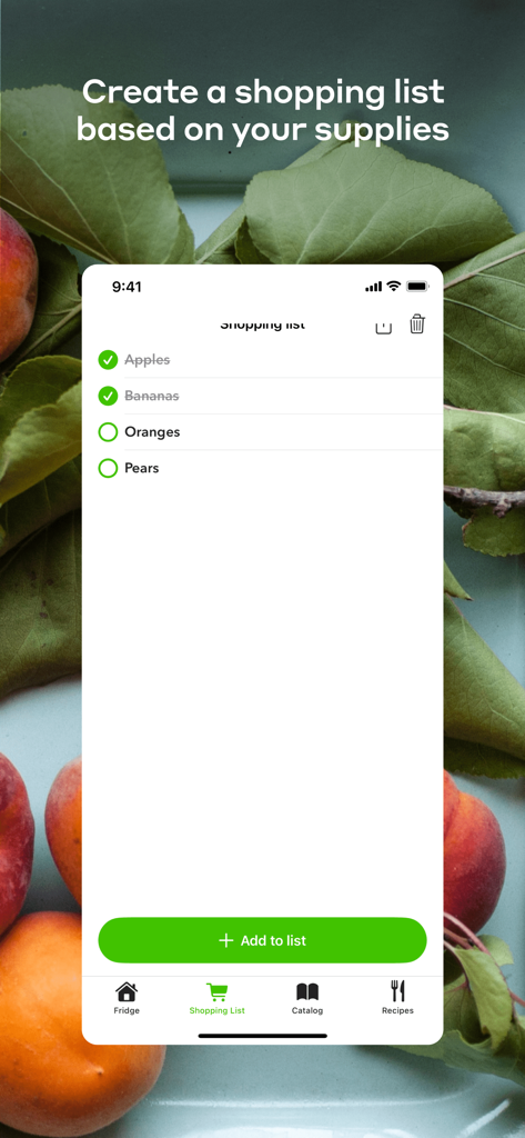 My Products - A smartphone display showing the shopping list feature of the My Products app with a list of fruits