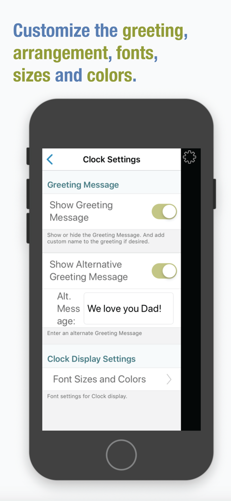 Clocke - Tela de configurações do aplicativo Clocke mostrando opções para personalizar a mensagem de saudação e as fontes de exibição do relógio