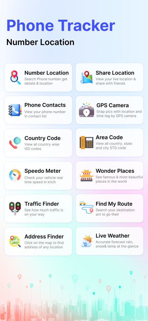 Live Mobile Number Location - Phone Tracker app interface displaying a grid of location and utility features