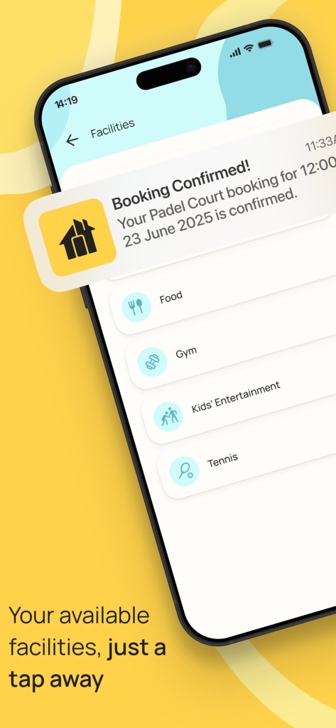 My Estate Life - A smartphone displaying the My Estate Life app facilities menu with a booking confirmation notification for a Padel court.