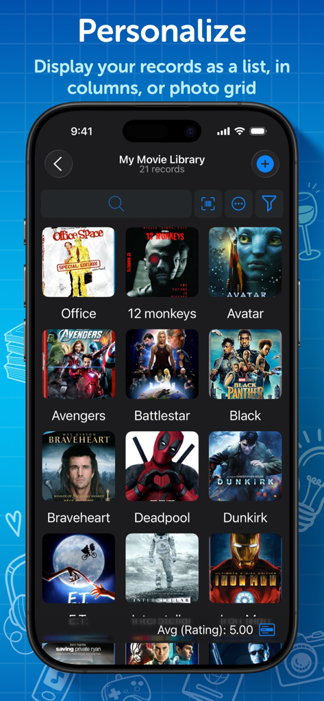 Visualização em grade de fotos do Tap Forms Database Pro mostrando uma biblioteca de filmes personalizada