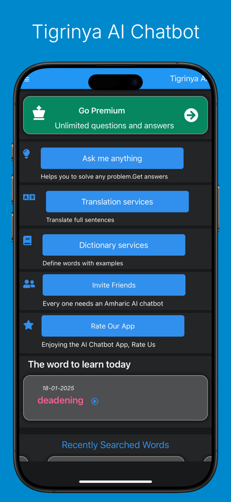 Tigrinya AI: Tigrinya AI Chat - Home screen of Tigrinya AI Chatbot app with translation and learning tools