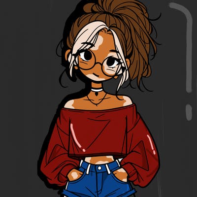 girl with a messy ponytail glasses a baggy crop top and jean shorts