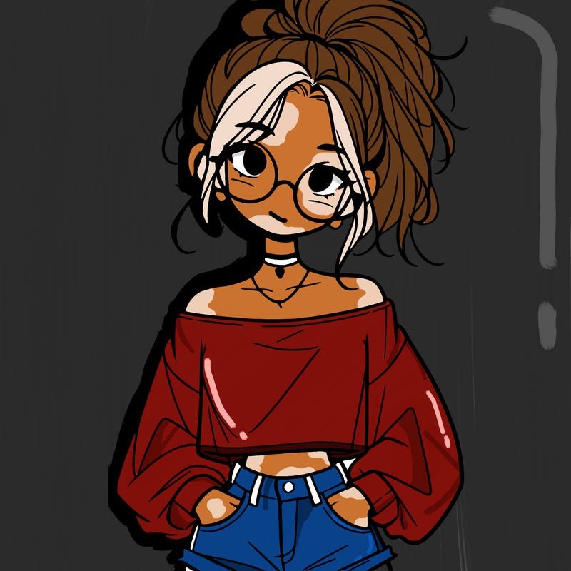 girl with a messy ponytail glasses a baggy crop top and jean shorts