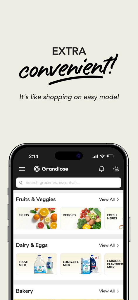 Grandiose Supermarket App-Oberfläche mit Lebensmittelkategorien wie Obst und Milchprodukten und einem Slogan für bequemes Einkaufen