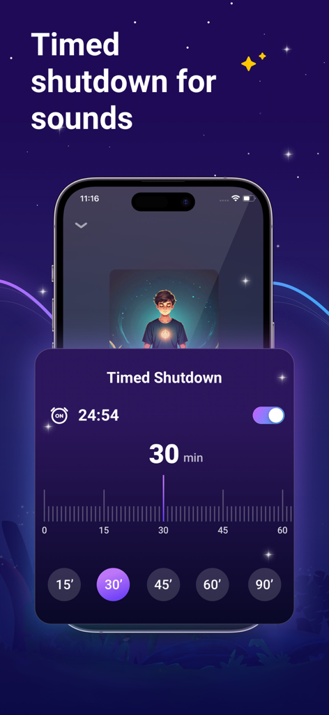 Sleep Wellアプリのインターフェース。15分から90分までのオプションがあるスリープサウンドのタイムドシャットダウンメニューが表示されています。