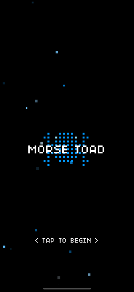 Pantalla de inicio de la app Morse Toad con texto pixelado retro y una indicación de toque para comenzar