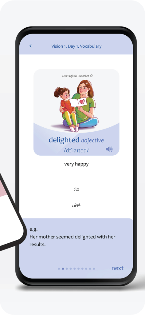 MELI app vocabulary card for the word delighted with English definition and translations