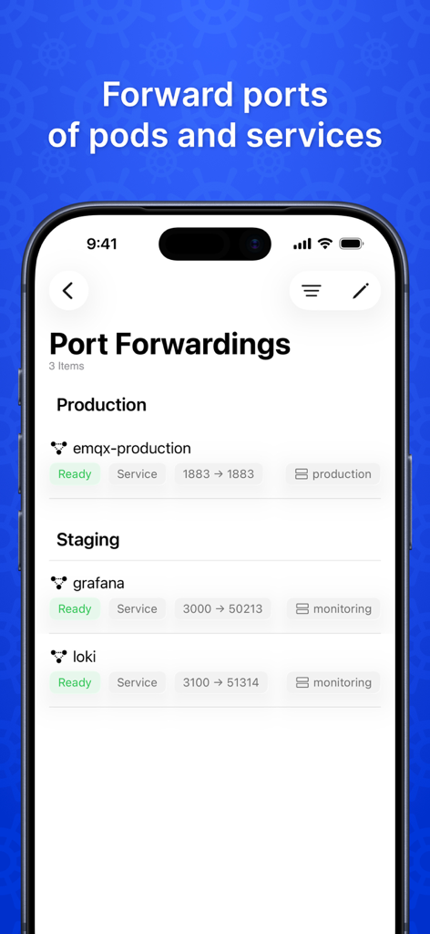 Nautik for Kubernetes - Captura de pantalla de la aplicación Nautik que muestra reenvíos de puertos activos para clústeres de producción y staging en un iPhone