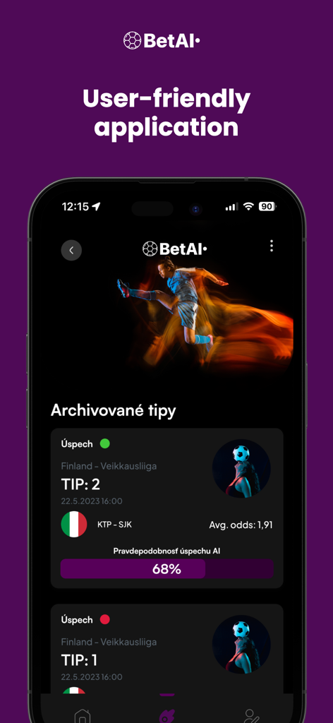 BetAI - BetAI mobile application displaying sports betting tips and AI probability ratings