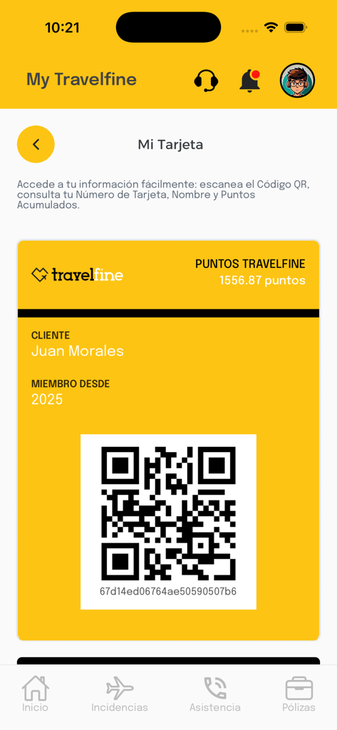 Travelfine - Digital membership card in the Travelfine app showing member information and a QR code