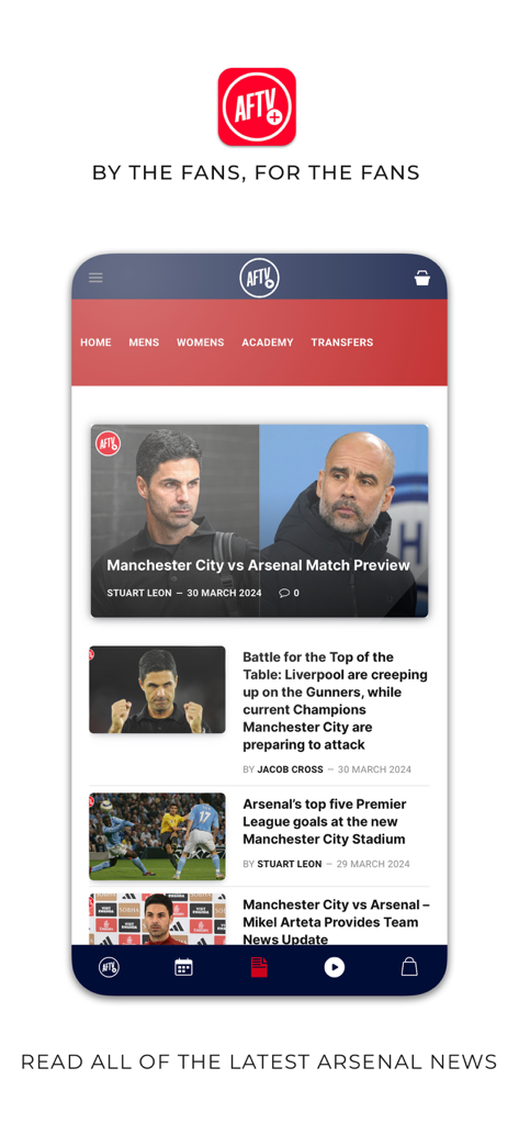Screenshot of the AFTV+ app news feed featuring Arsenal match previews and team updates