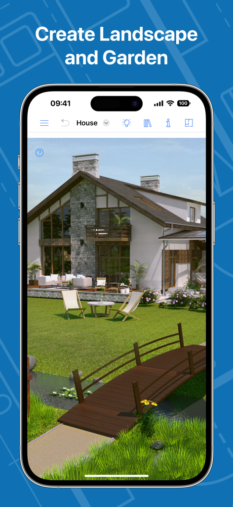Live Home 3D - House Design - スマートフォンの画面に表示された、木製の橋と芝生のあるモダンな住宅の 3D ランドスケープとガーデンデザイン