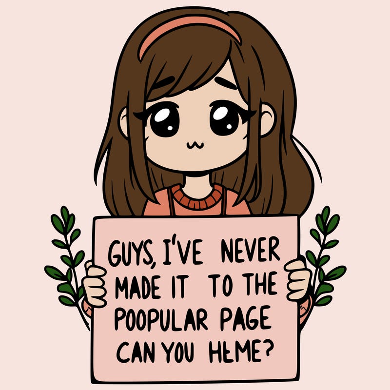 a girl holding up a sign that says, guys, i’ve never made it to the popular page, can you help me?