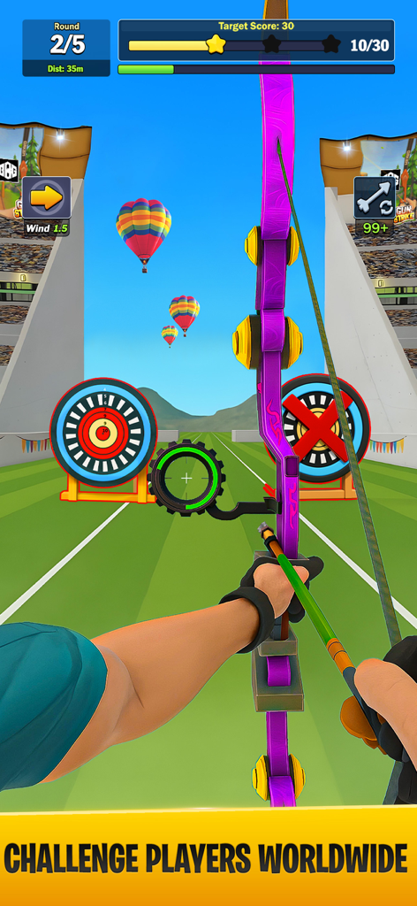 Vue à la première personne d'une personne visant un arc violet sur une cible dans une simulation de tir à l'arc en 3D.