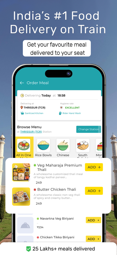RailYatri app interface showing how to order food on a train with menu options like thali and hygiene ratings