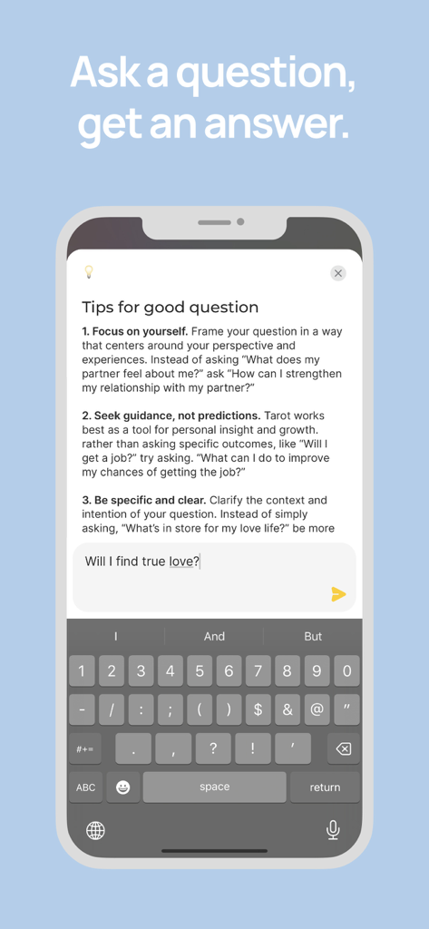 Trusted Tarot app interface showing tips for asking insightful questions with a text input field.