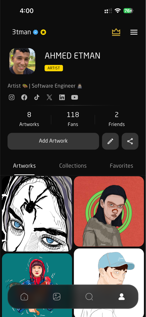 NOUV - Gallery of Masterpieces - Artist profile view in NOUV app showcasing a collection of digital artworks