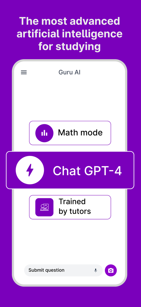 Interface do app de estudo Guru AI apresentando Chat GPT-4 e modo de matemática para alunos