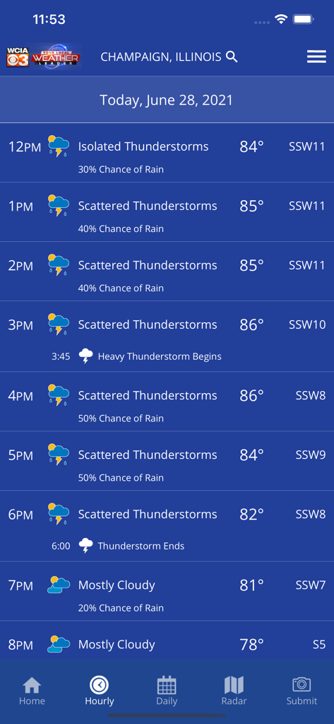 WCIA 3 Weather - WCIA 3 Weather app hourly forecast screen for Champaign Illinois showing thunderstorm alerts and temperatures