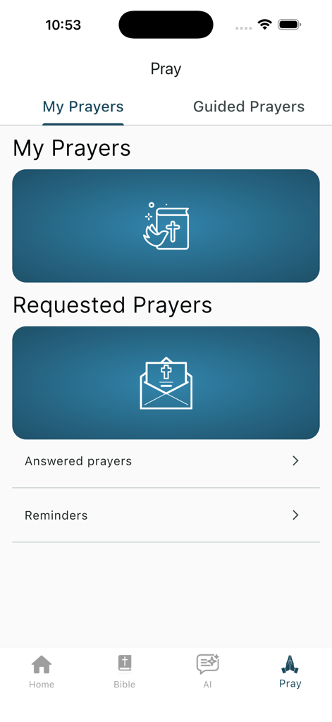 The prayer journal section of the Biblity app showing categories for personal and requested prayers.