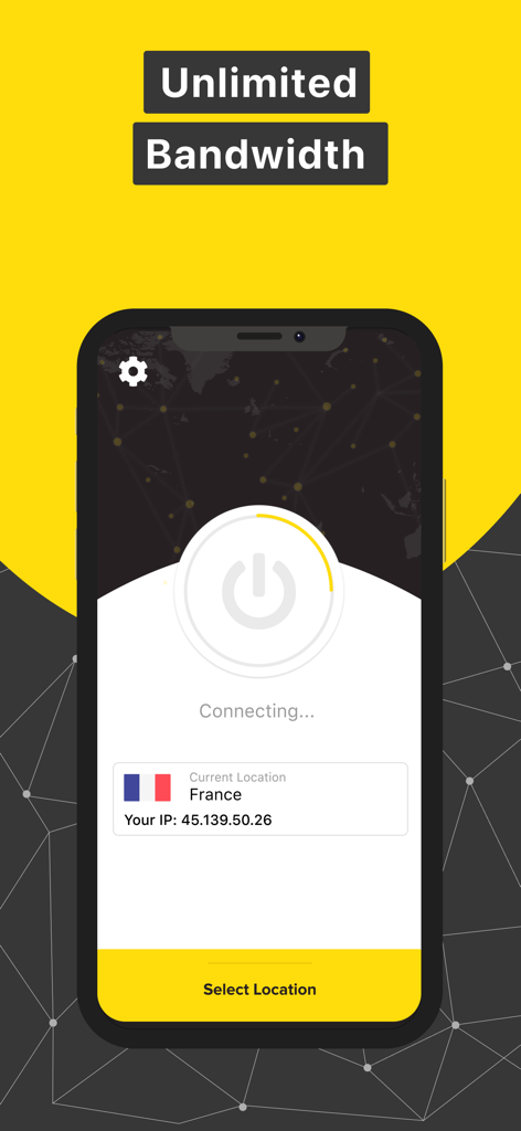 HOTVPN app interface showing unlimited bandwidth and connection status for a server in France