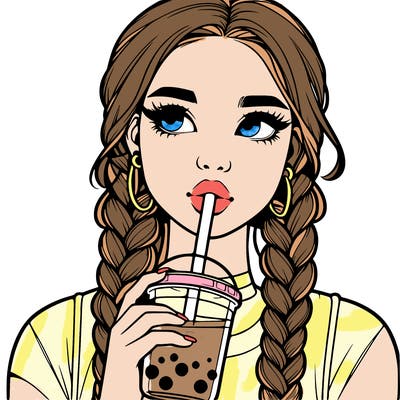 realistic girl with braided hair drinking boba