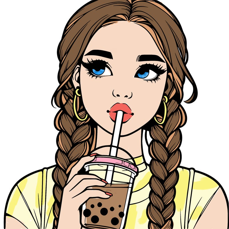 realistic girl with braided hair drinking boba