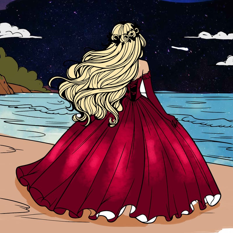 beautiful girl with long hair and a big gown glowing in the wind turning her back on a beach