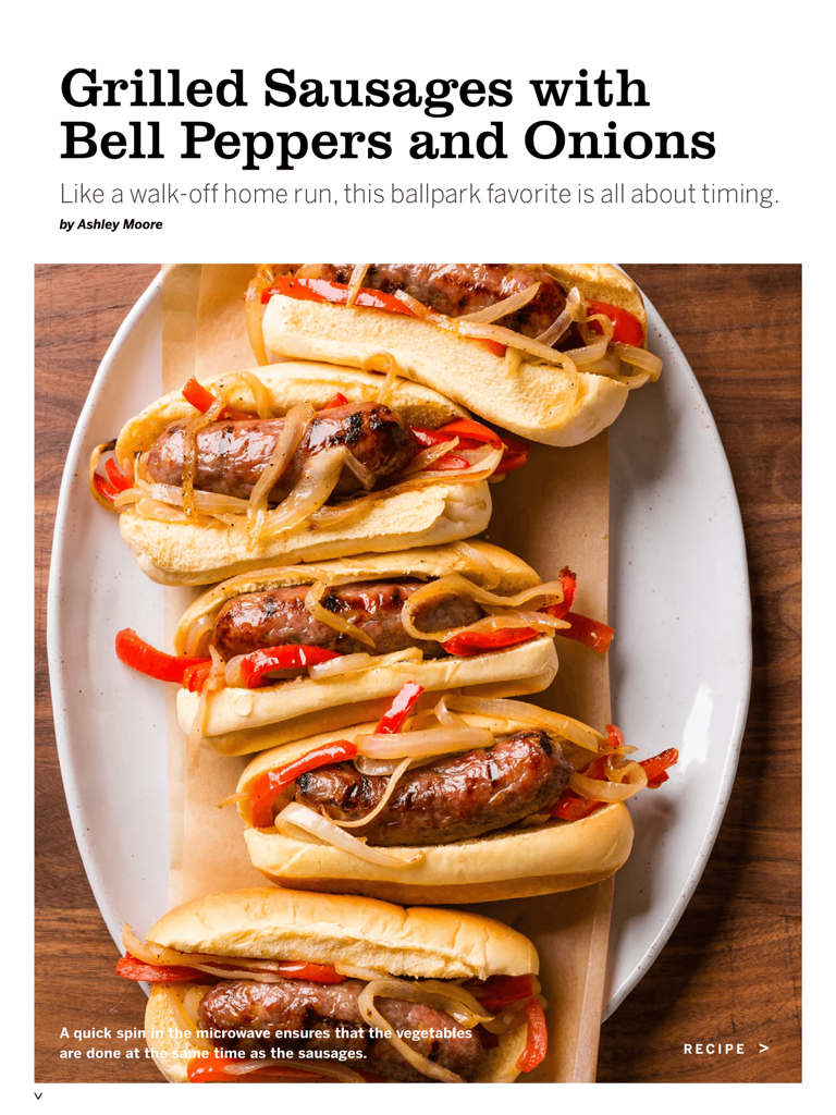 Cook's Country Magazine - Grilled sausages with bell peppers and onions served on buns from Cooks Country Magazine