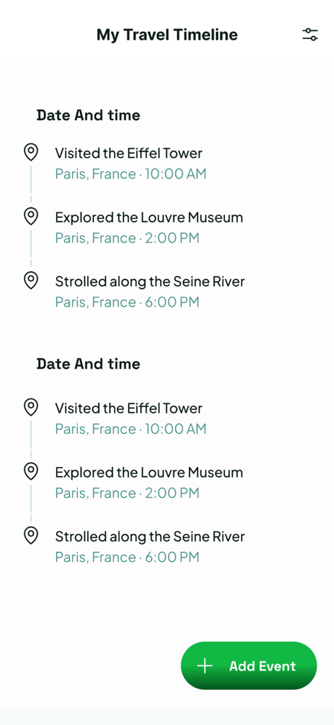 Una pantalla de aplicación móvil que muestra una línea de tiempo de viaje con ubicaciones visitadas y marcas de tiempo