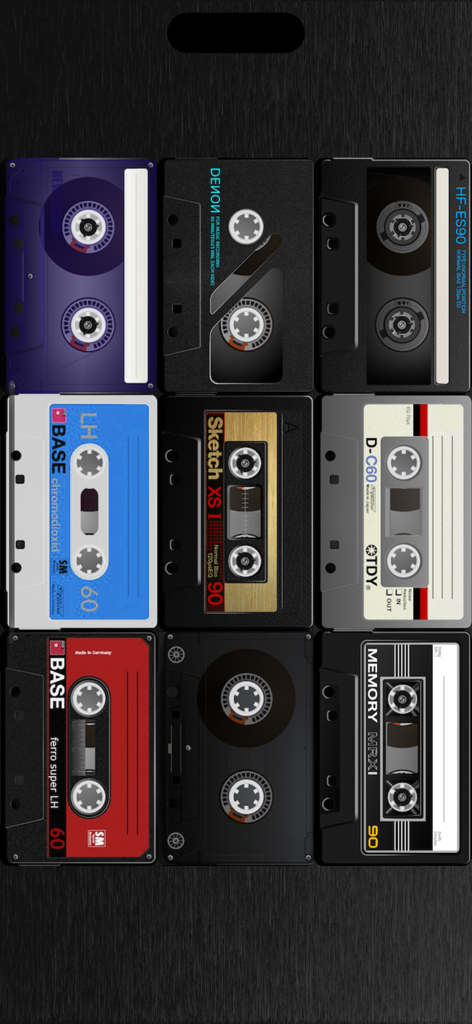 Tape - A grid of nine different vintage cassette tape designs available in the Tape app.