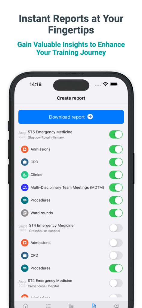 Interface do aplicativo Logitbox mostrando como criar e baixar relatórios médicos com opções de categorias.